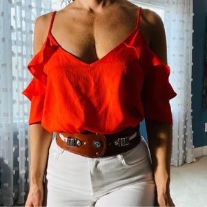 Tomato red cold-shoulder blouse